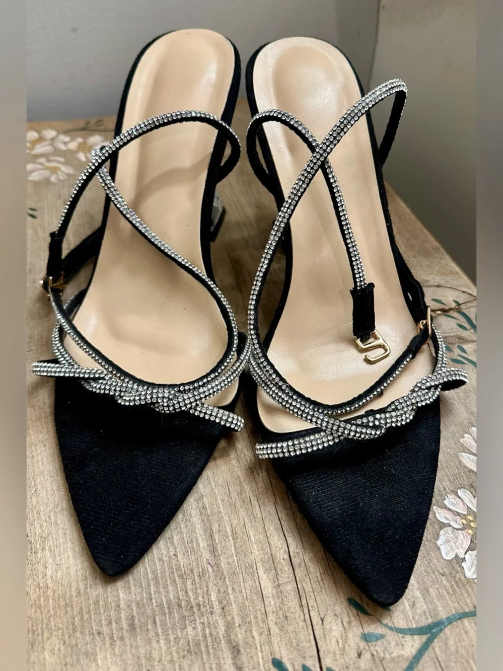 Black Crystal-Embellished Slingback Heels